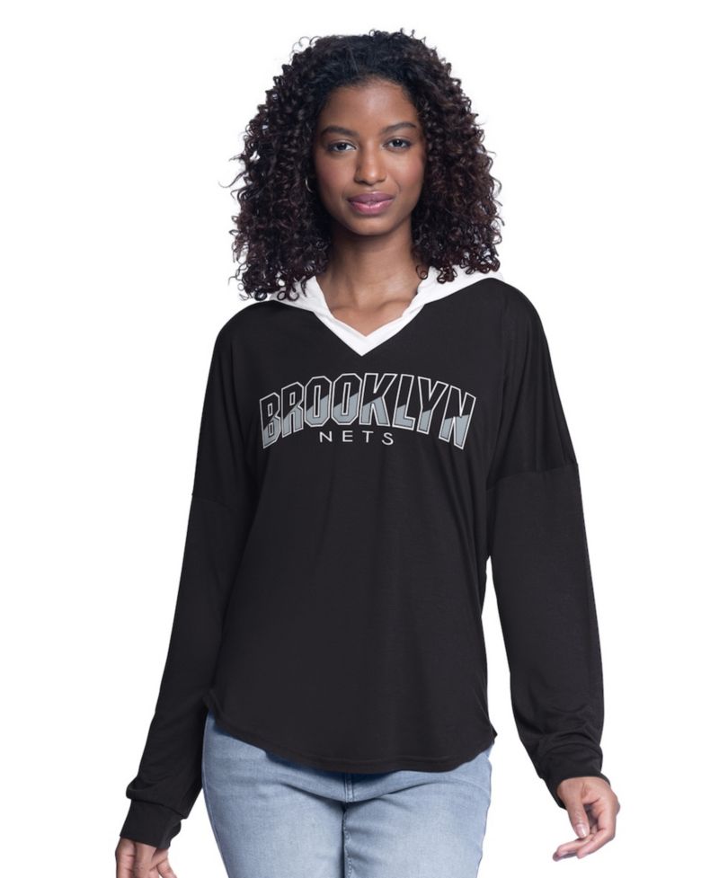 Women's Black Brooklyn Nets Bench Player Oversized Long Sleeve Hooded Top