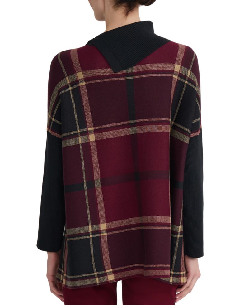 Women's Plaid Split-Neck Poncho Sweater