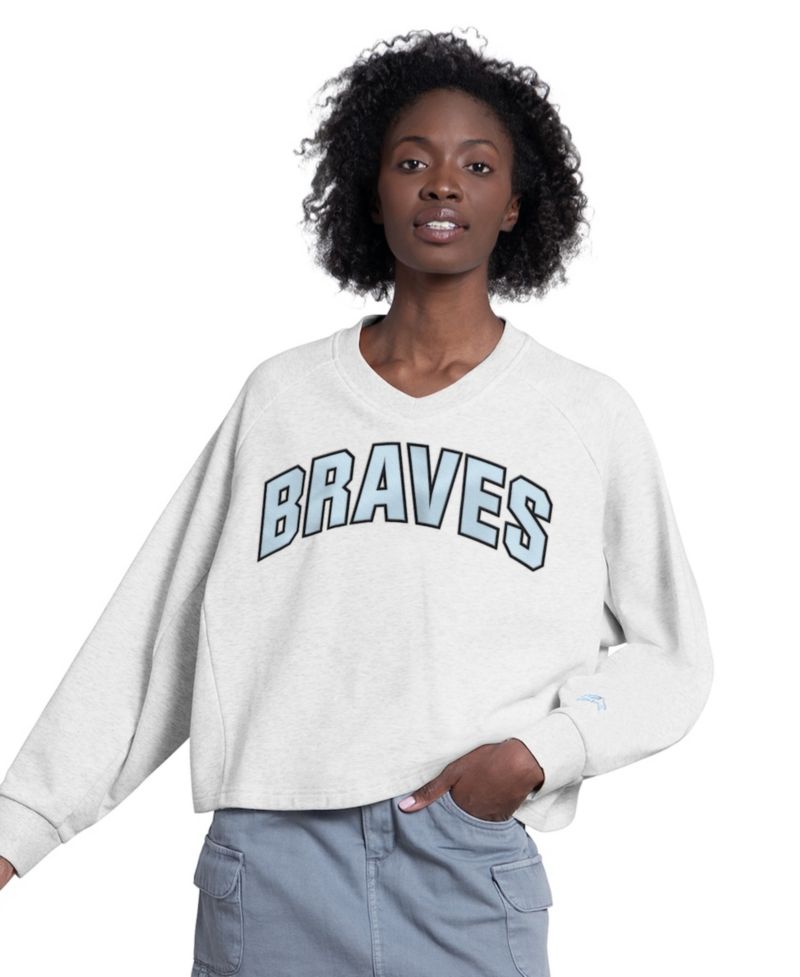 Women's Gray Atlanta Braves Show Up Fashion Cropped V-Neck Sweatshirt