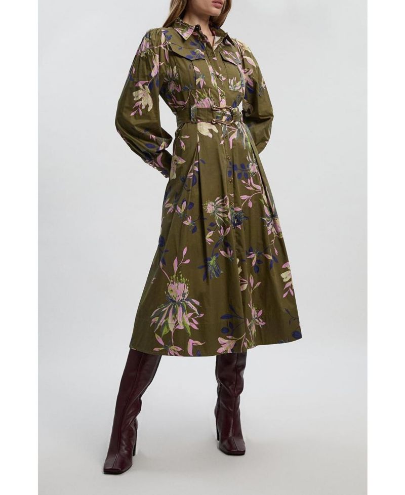 Women's Floral Cotton Sateen Midi Shirt Dress