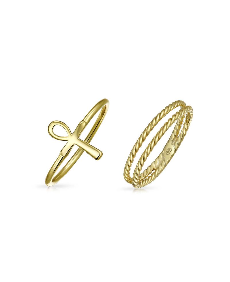 Religious Egyptian Ankh Cross Ring Band Set Gold Plated 925 Sterling Silver