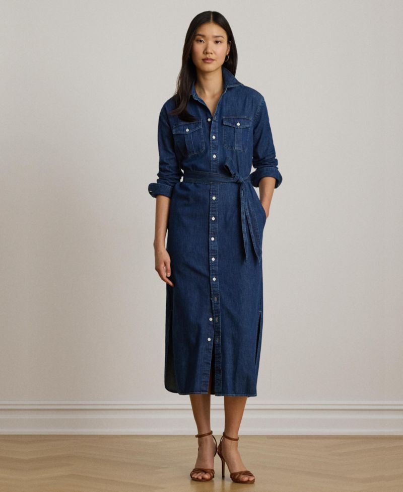 Women's Collared Belted Denim Midi Shirt-Dress