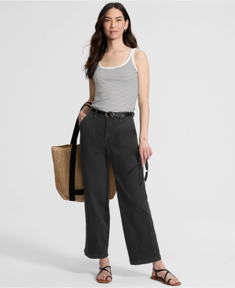 Women's High Rise Soft Denim Pleated Wide Leg Trousers Pant