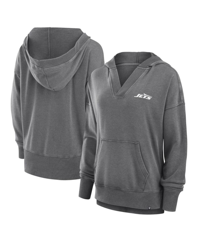 Women's Heather Charcoal New York Jets Initiative Snow Wash French Terry V-Neck Pullover Hoodie