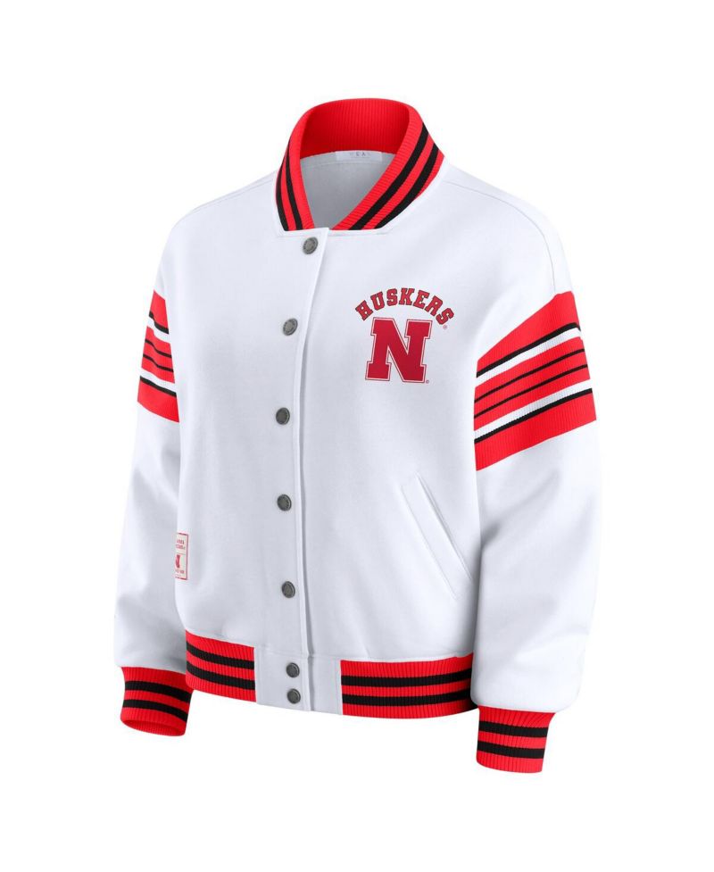 Women's White/Scarlet Nebraska Huskers Satin Stitch Full-Snap Fleece Sweatshirt Jacket