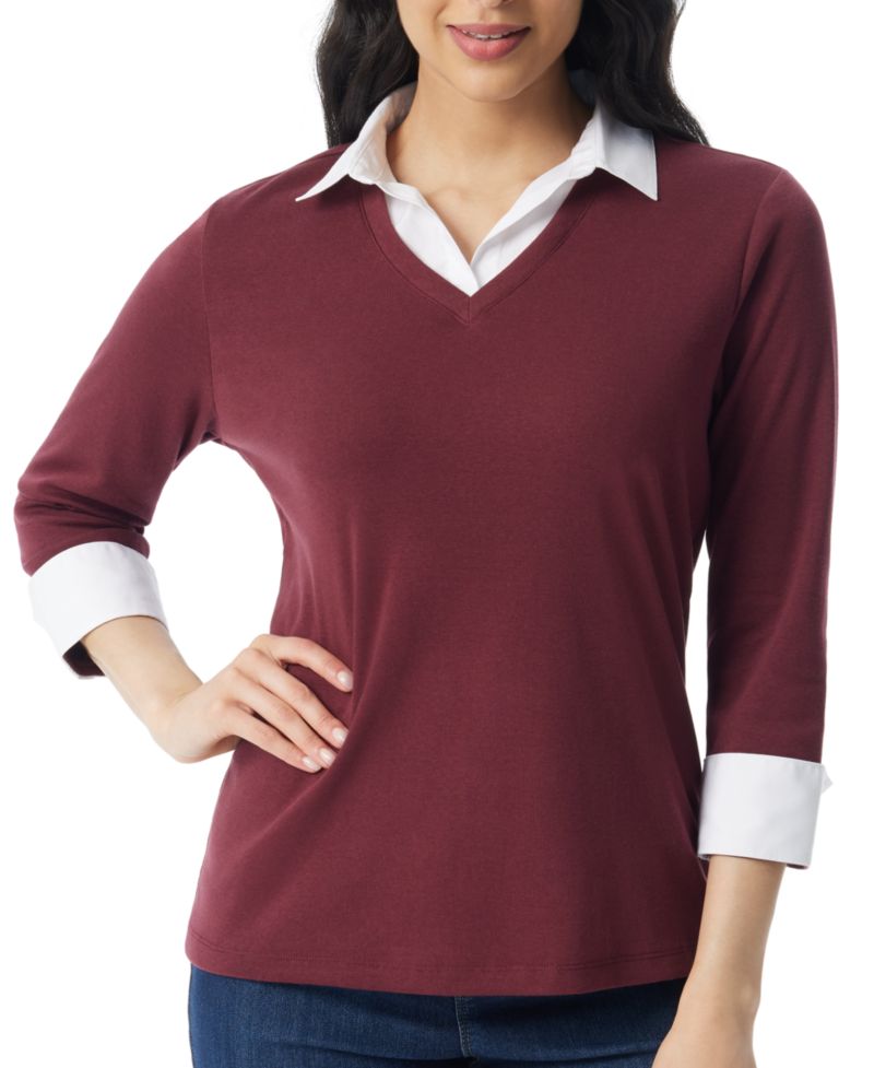 Women's Twofer Knit 3/4-Sleeve V-Neck Blouse