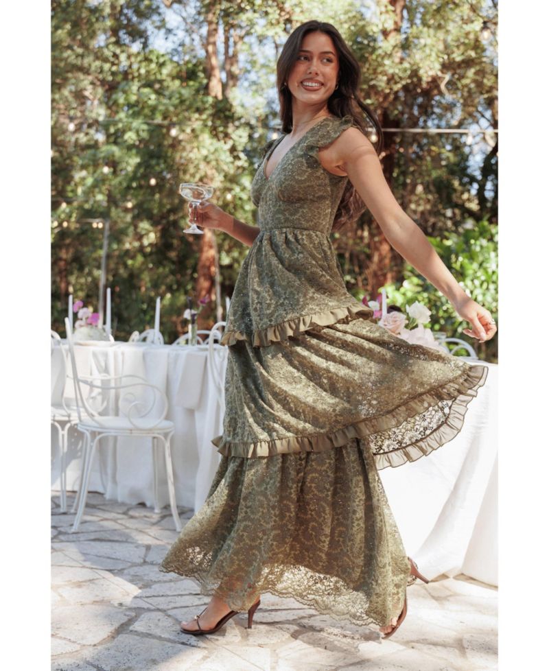 Women's Cataleya Wedding Guest V-Neck Tiered Lace Maxi Dress