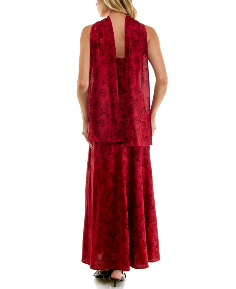 Juniors' Sleeveless Floral Slim Jacquard-Satin Maxi Dress with Matching Scarf