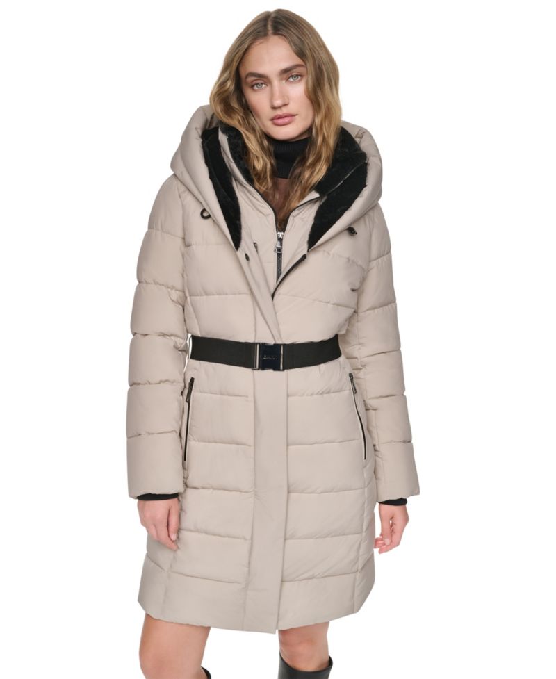 Women's Belted Walker with Faux Fur Hood and Bib Coat
