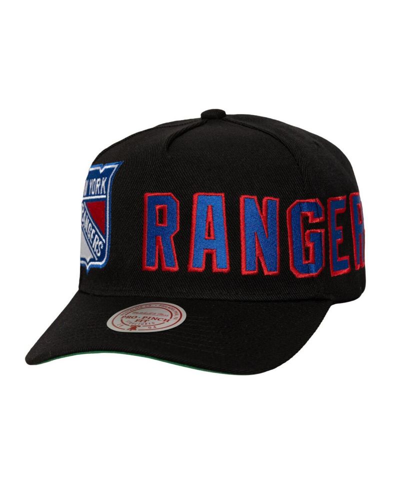 Men's Black New York Rangers Busted Logo Wordmark Wrap-Around Pro Pinch Adjustable Hat