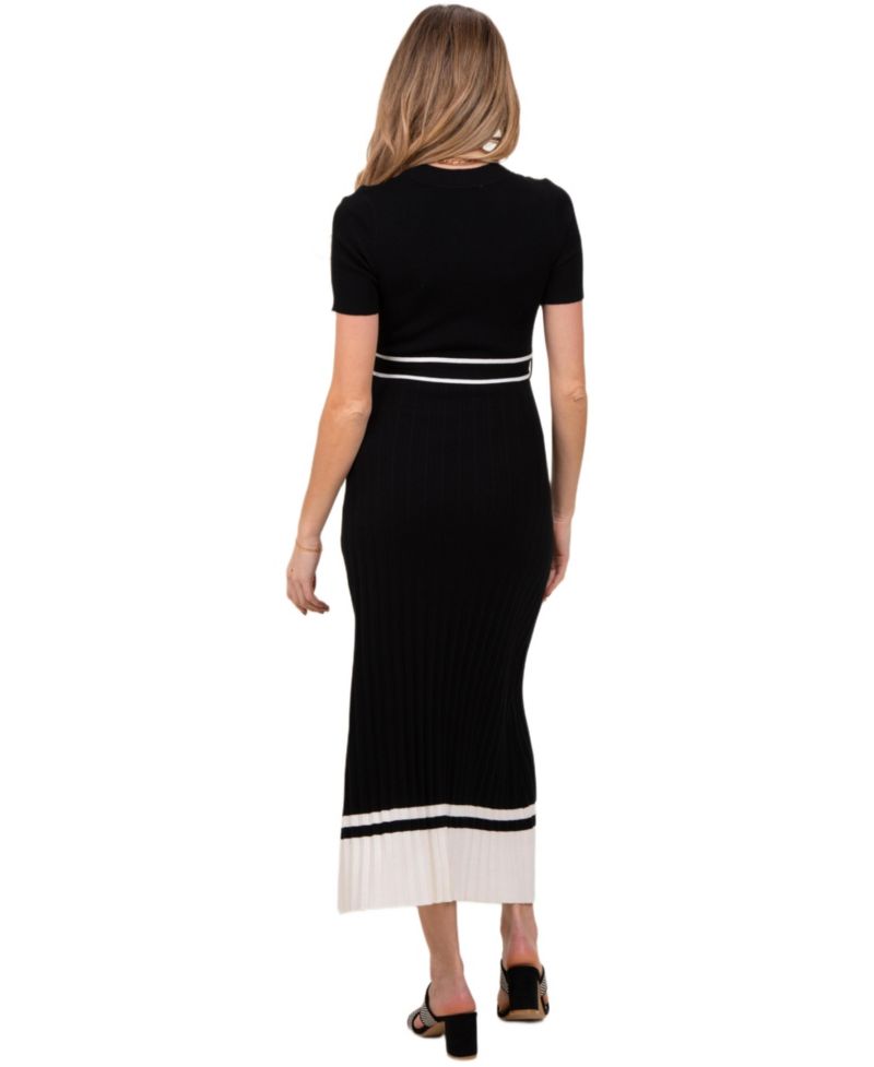 Women's Black Ribbed Knit Pleated Midi Dress