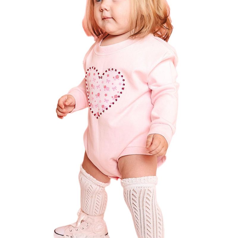 Baby Girls Dainty Rose Pearl Heart Patch Long Sleeve Romper