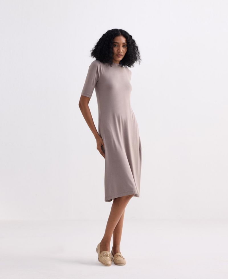 Women's High Crew Neck Elbow Sleeves Fitted Dress in Dusty Brown