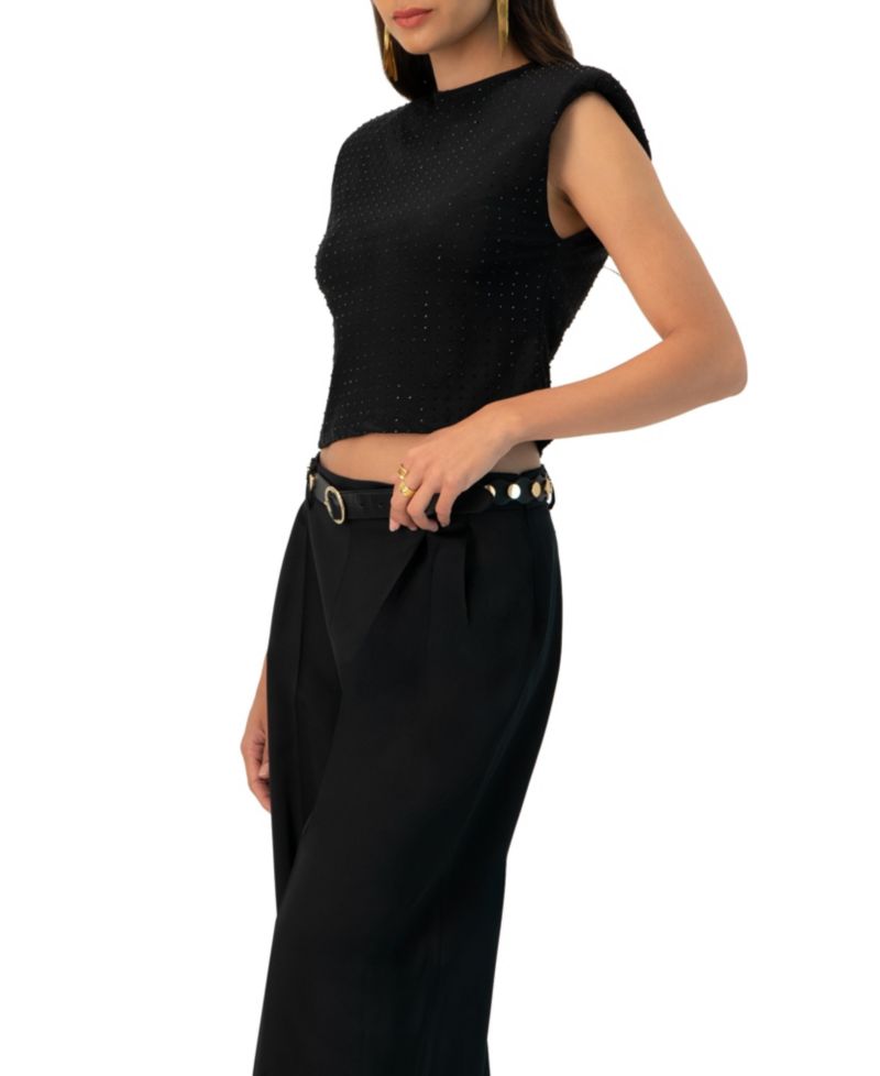 Women's Padded-Shoulder Cropped Rhinestone Top