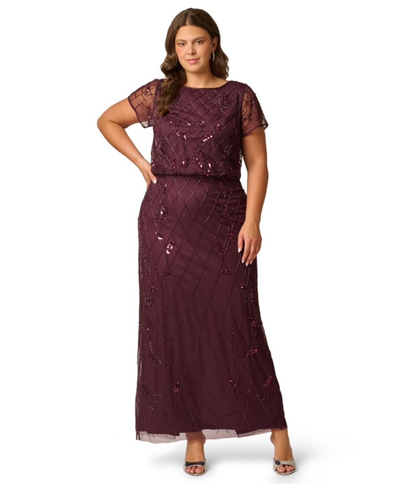 Plus Size Bead Blouson Sequin Short-Sleeve Boat Neck Gown