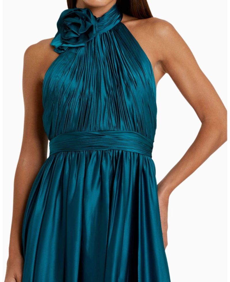 Women's Pleated Charmeuse High Neck Sleeveless Midi Dress