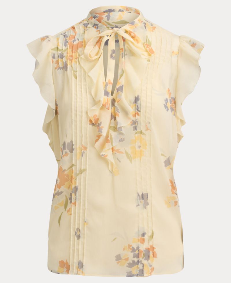 Women's Floral Pintucked Band Collar Tie-Neck Blouse
