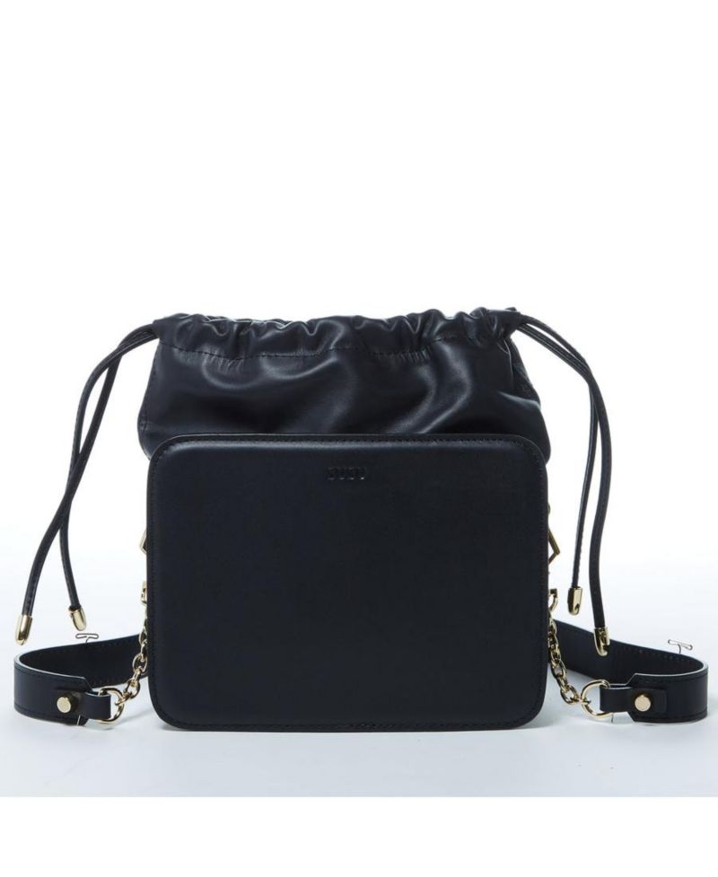 Black Leather Bucket Bag Medium Size Purse for Women with Drawstring Closure