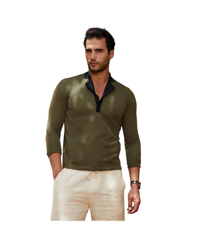 Men's Olive Green Obsidian Black Textured Cuban Polo T-Shirt