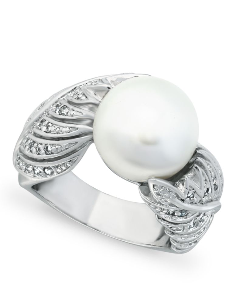 Imitation Pearl and Multi Row Pave Cubic Zirconia Ring