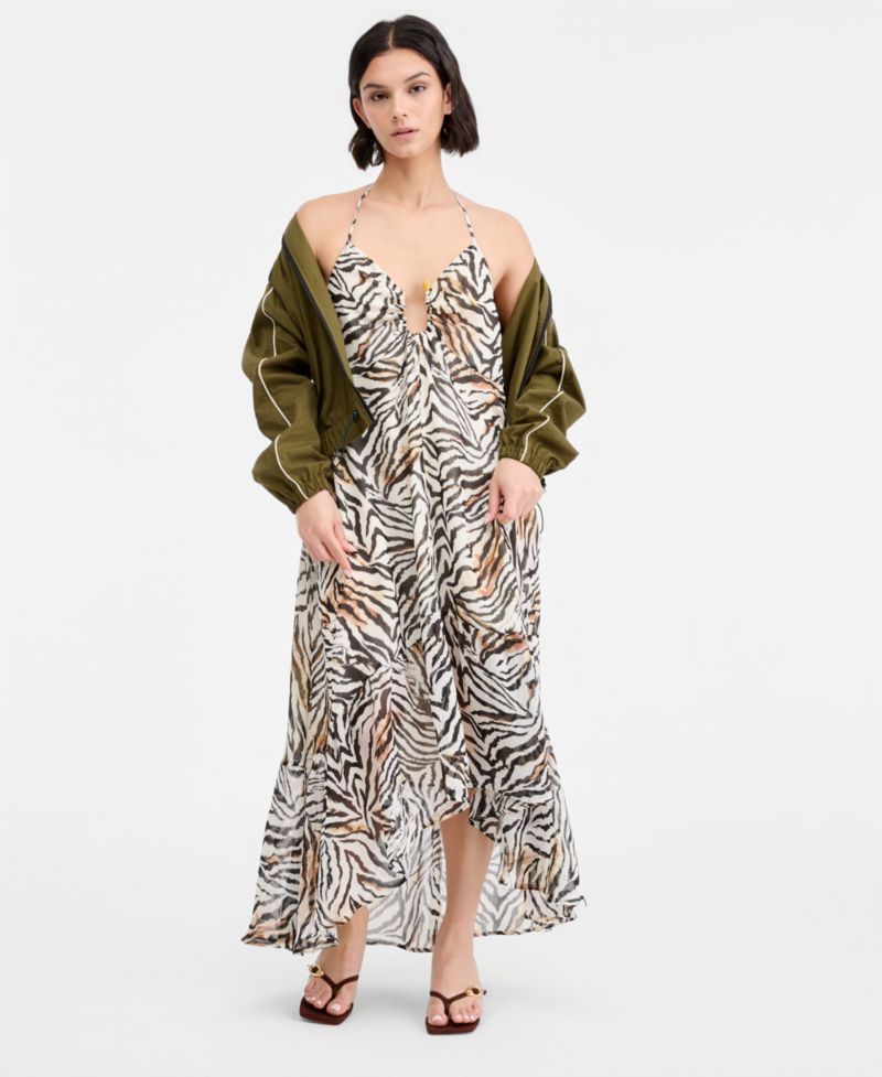 Women's Zebra Print Chiffon Halter High-Low Dress