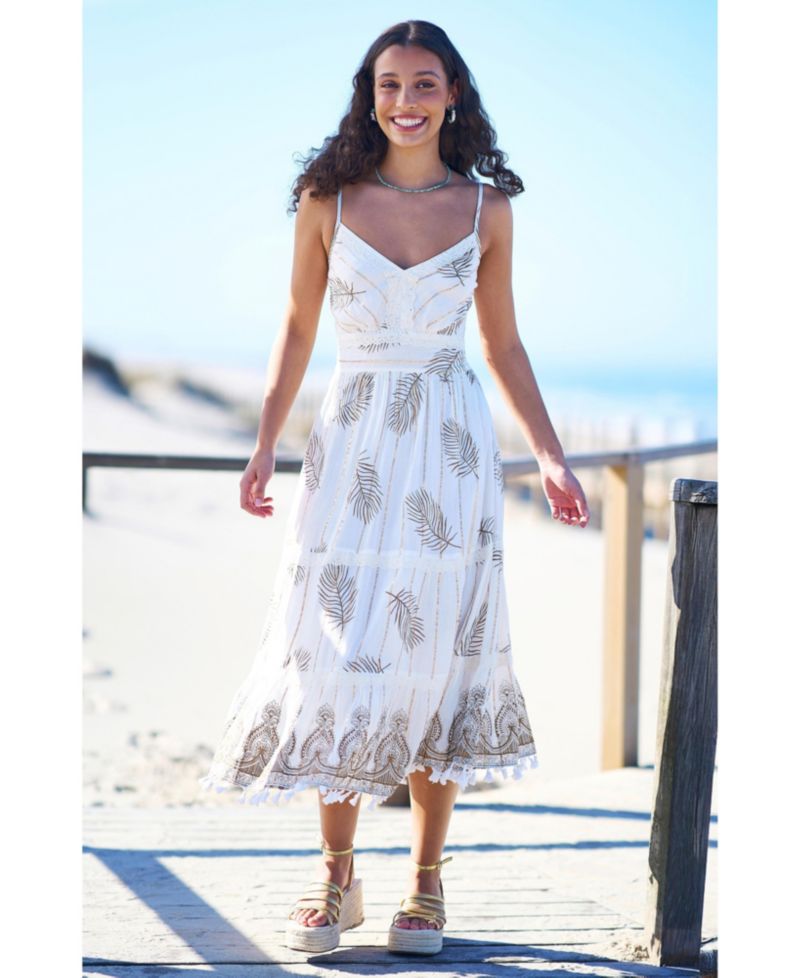 Women's Foil Print Lace Trim Midi Sun Dress