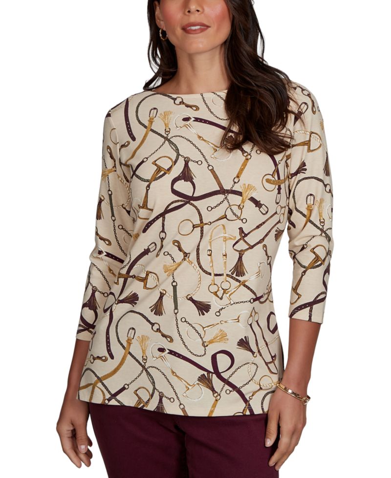 Petite Boat Neck 3/4-Sleeve Equestrian Print Blouse