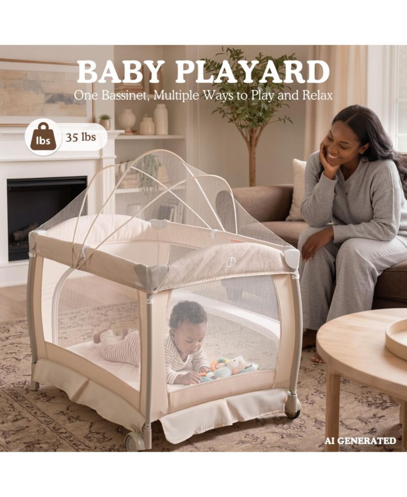 4-in-1 Portable Baby Playard with Bassinet and Mosquito Net, Bedside Sleeper and Changing Table