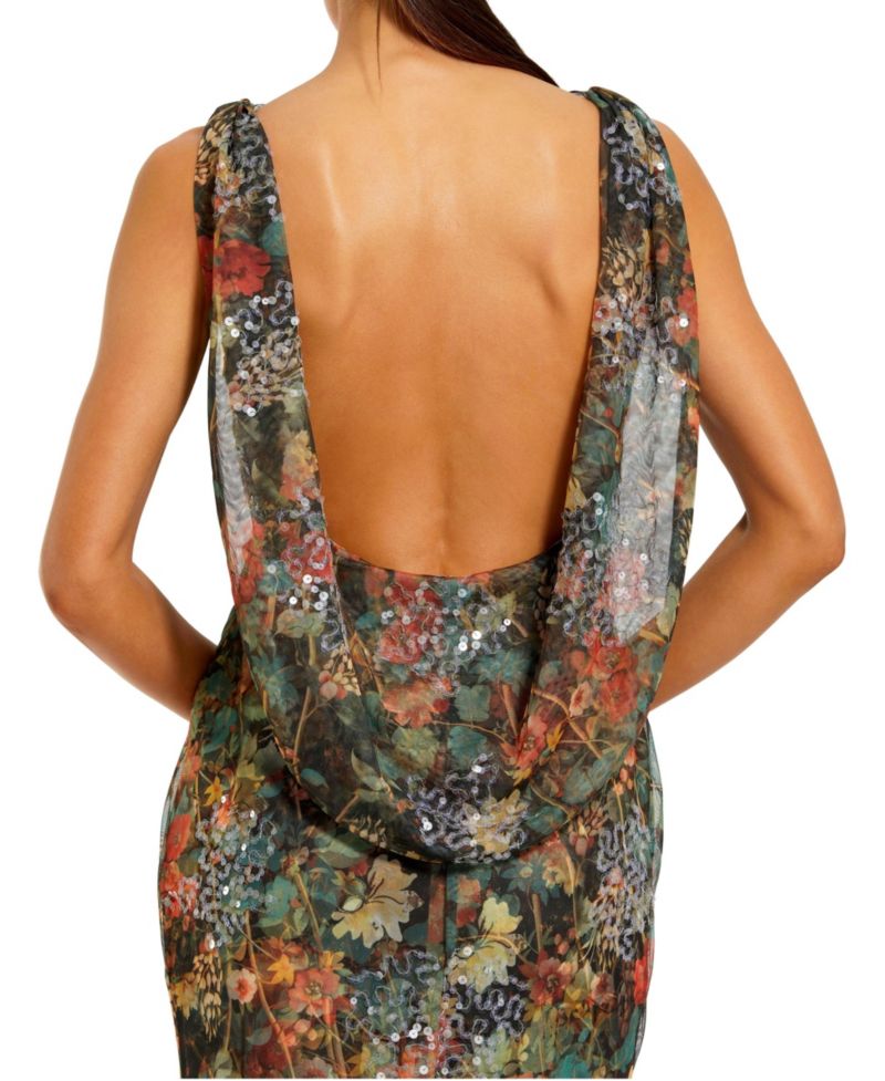 Women's Sequin Floral Ruched Draped-Back Gown