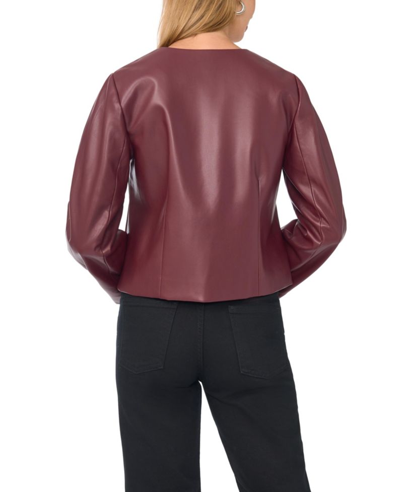 Women's Cropped Balloon-Sleeve Crewneck Faux Leather Jacket