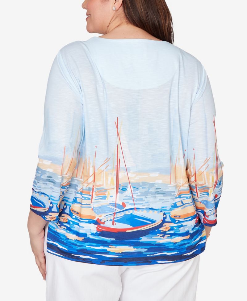 Plus Size Port Side Harbor Scene Printed Top
