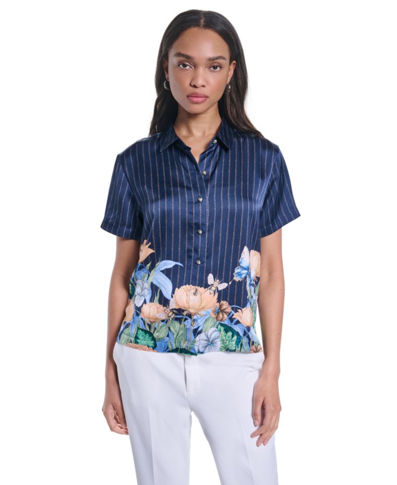 Petite Striped Floral Printed Button-Up Blouse