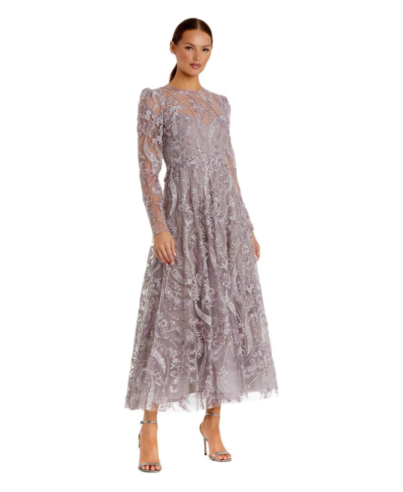 Women's Floral Embroidered High Neck Long Sleeve Dress