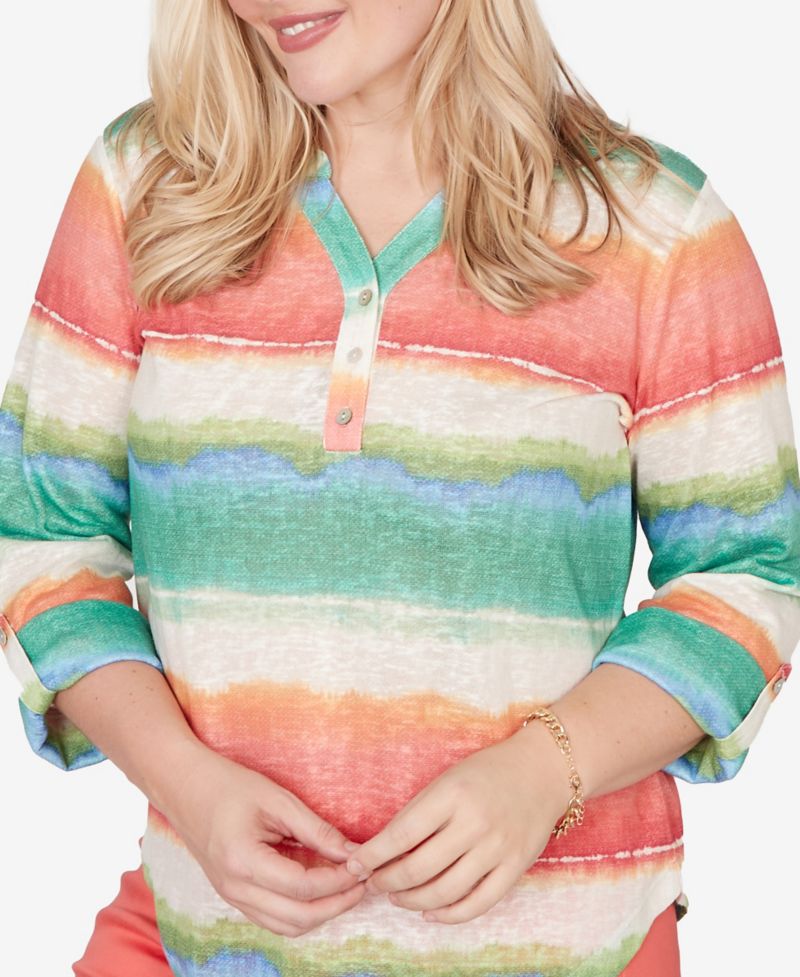 Petite Resort Living Biadere Tie Dye Stripe Henley Top