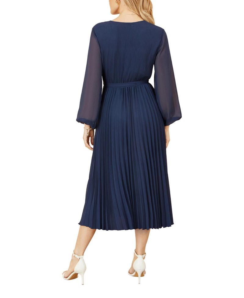 Women's Long Sleeved Pleated Midi Wrap Dress