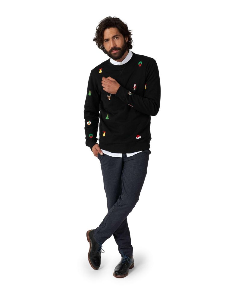 Christmas Sweater for Men - X- Mas Icons - Black - With Stylish Christmas Icons - Long Sleeve - Crew Neck