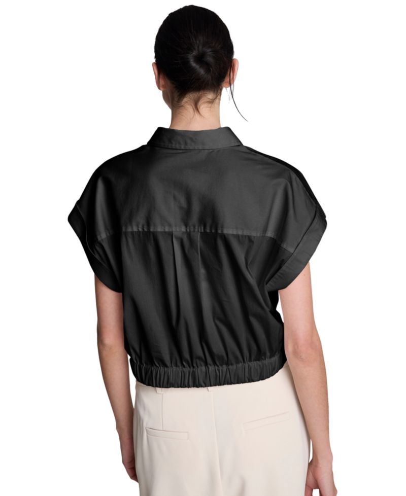Women's Short-Sleeve Button-Front Collared Cropped Shirt