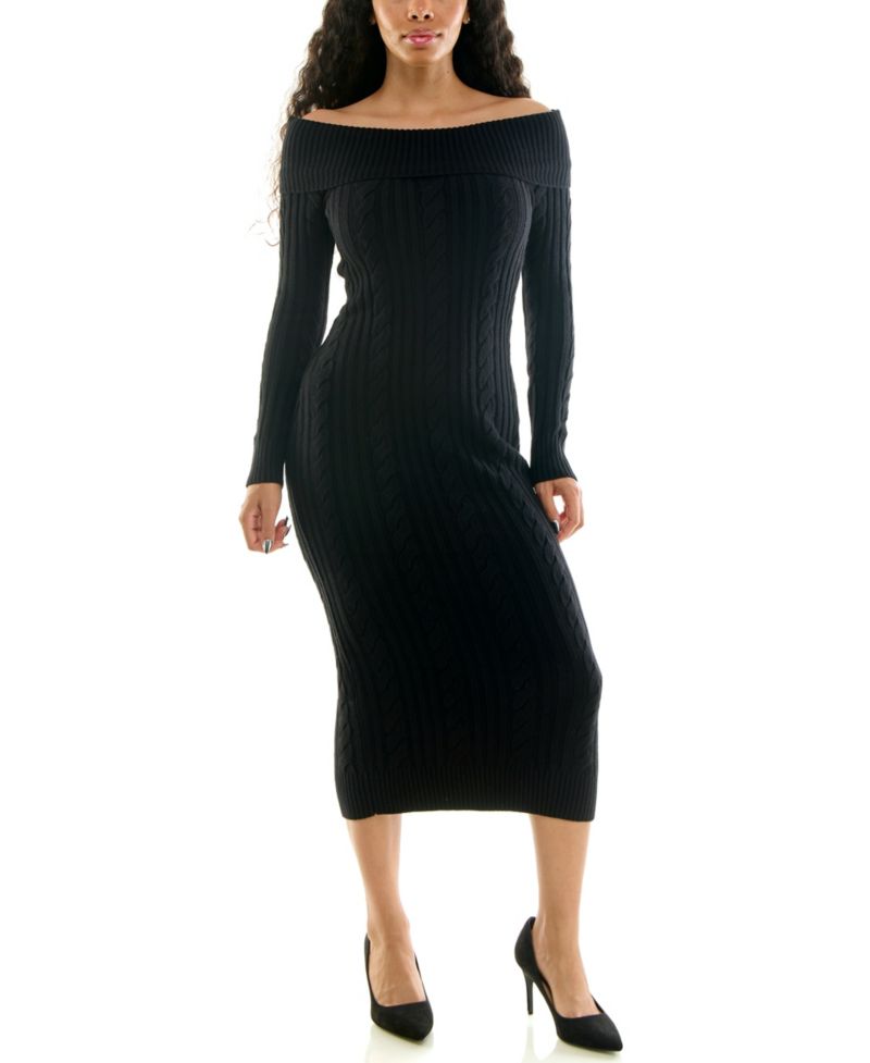 Juniors' Off-the-Shoulder Long-Sleeve Mixed-Stitch Midi Dress