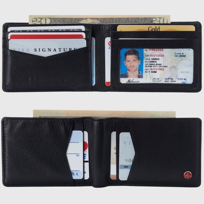 Mens Slimfold Wallet RFID Safe Bifold Genuine Leather ID Window