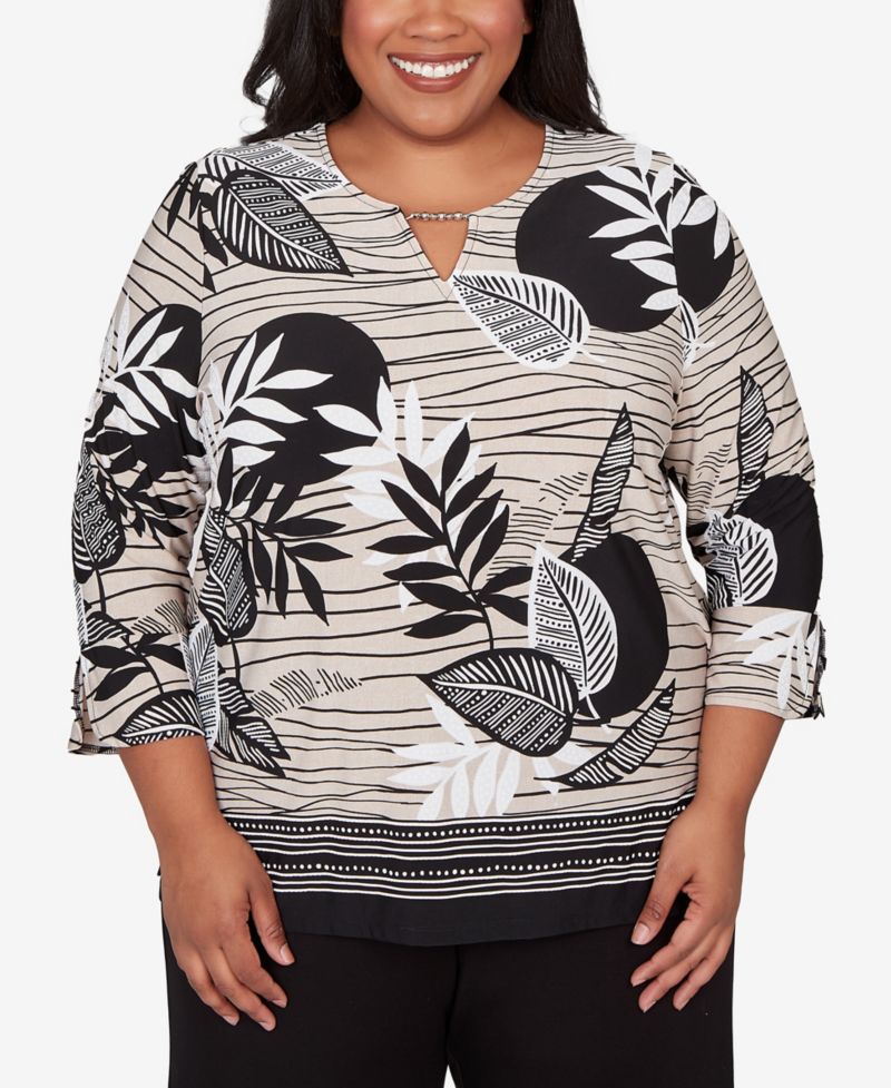 Plus Size Classic Tropical Leaf Border Print Split Neck Top