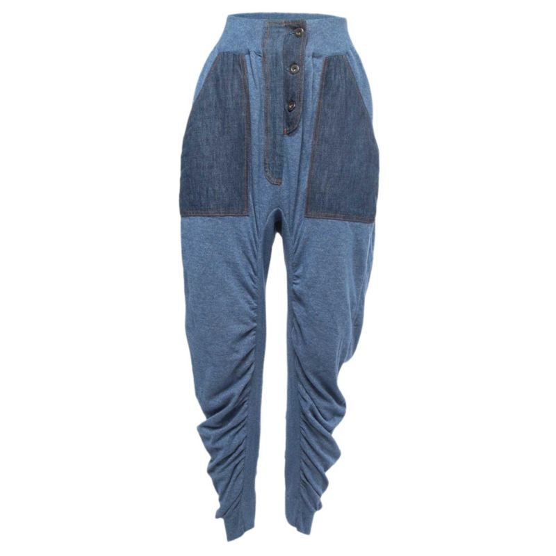 Women's Blue Knit Ruched High Pants