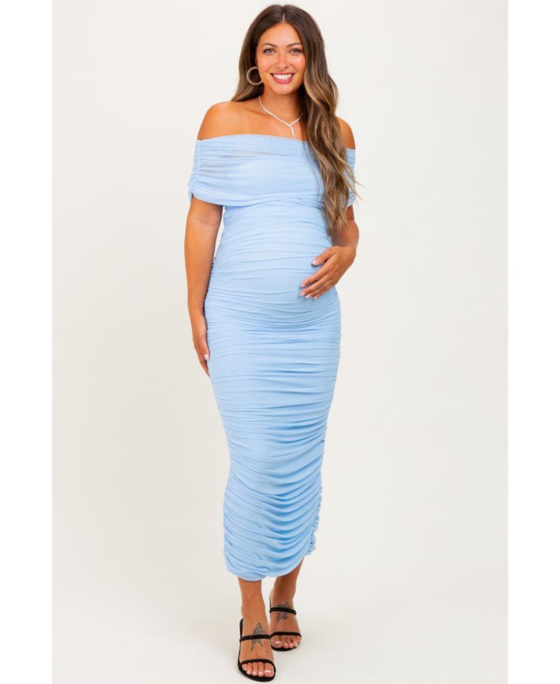 Women's Light Pink Ruched Mesh Foldover Off Shoulder Maxi Dress
