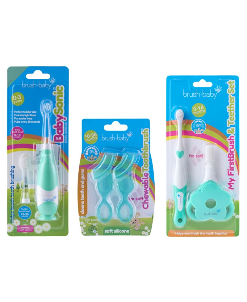 First Tooth Gift Set | Includes BabySonic Teal Electric Toothbrush, Baby's First Brush & Teether & Chewable Toothbrush