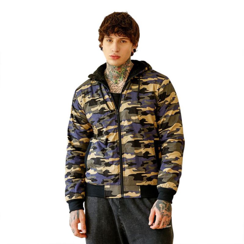 Men's Army Green & Khaki Beige Camouflage Fleece-Lined Jacket
