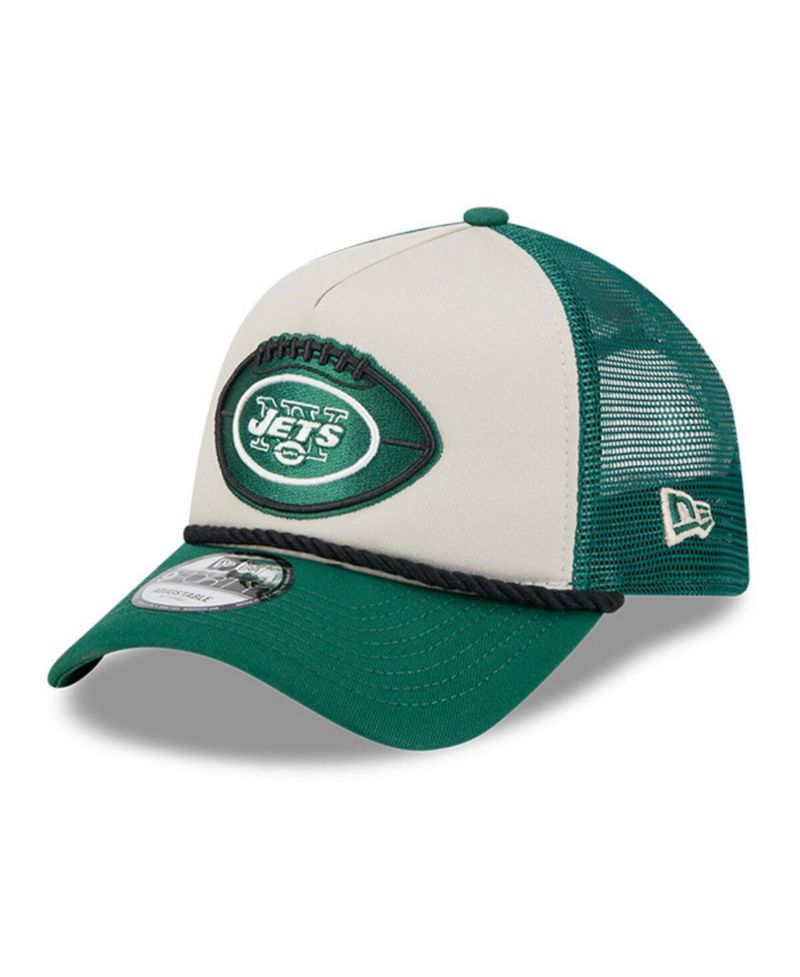 Men's Stone/Green New York Jets 2024 Sideline Historic 9FORTY A-Frame Trucker Adjustable Hat