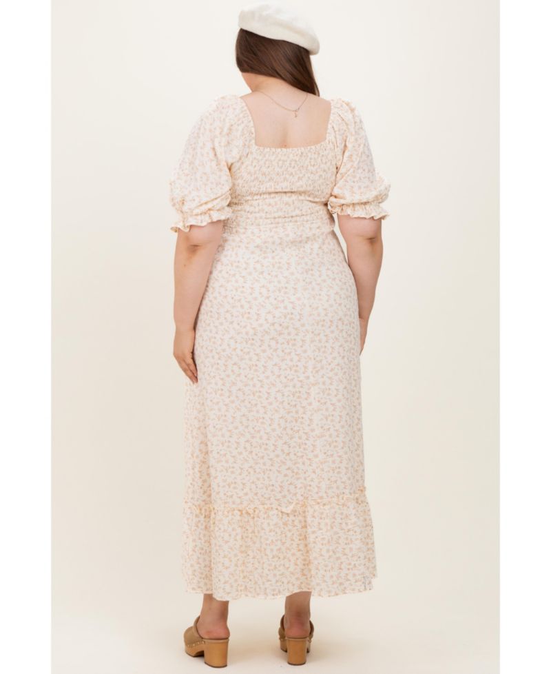 Plus Size Beige Floral Print Square Neckline Maxi Dress