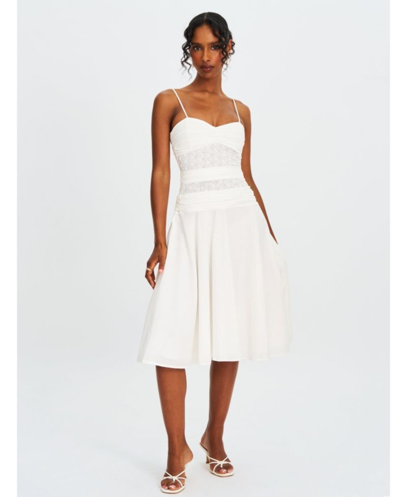 Women's Maelis White Eyelet Drop Waist Cotton Midi Dress