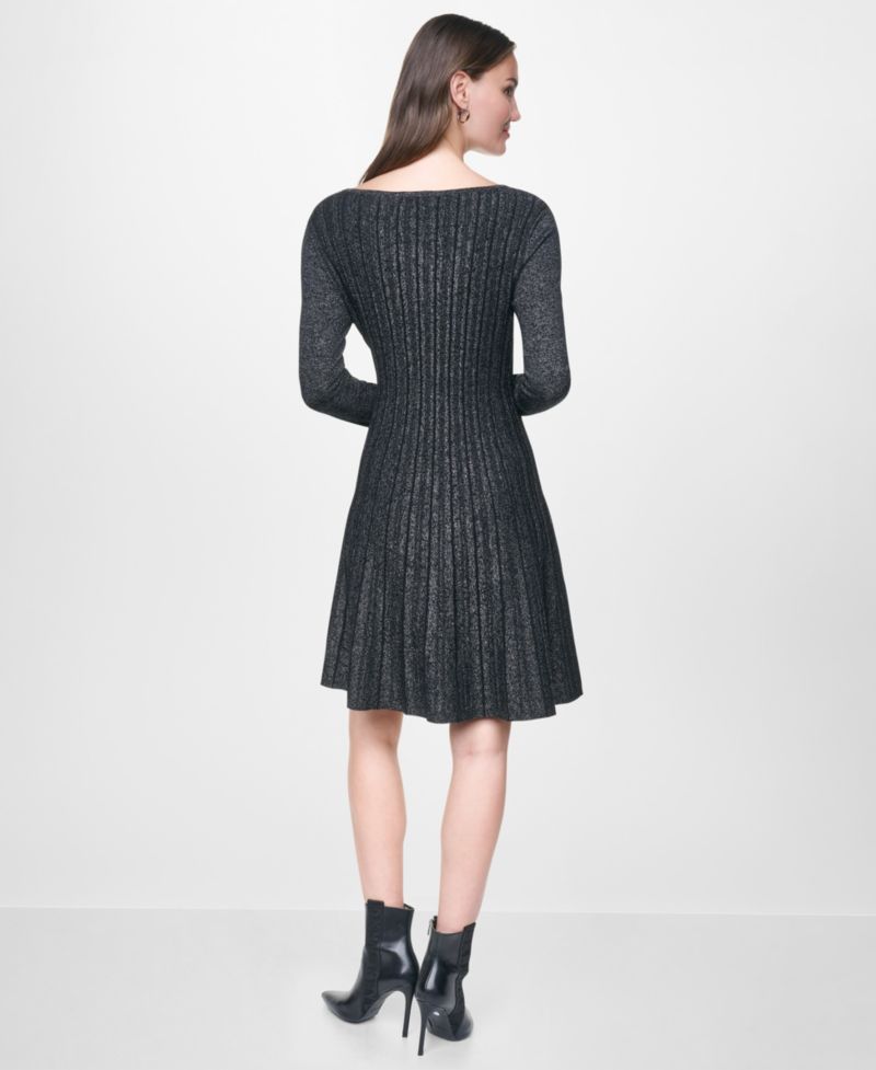 Petite Long-Sleeve Boat Neck Ribbed Fit & Flare Dress