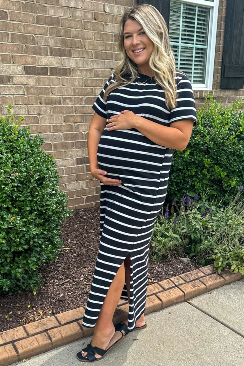 Women's Red Striped Side Slit Maxi Dress