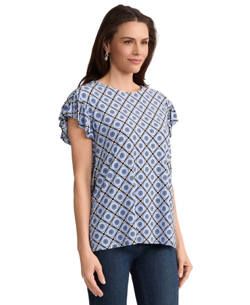 Petite Round Neck Flutter Short-Sleeve Top